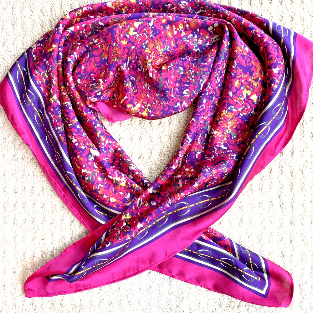 Silky Polyester Scarf Brilliant Fuschia Pink Purple Gold Mod Square Abstract
